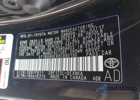 2017 Toyota Corolla Le z USA, uszkodzony, nr VIN 2T1BURHE8HC880190